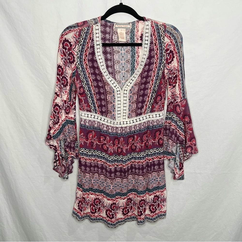 Flying Tomato Tunic Blouse Women's Small Floral Lace‎ Boho Top Bell Sleeve Pink